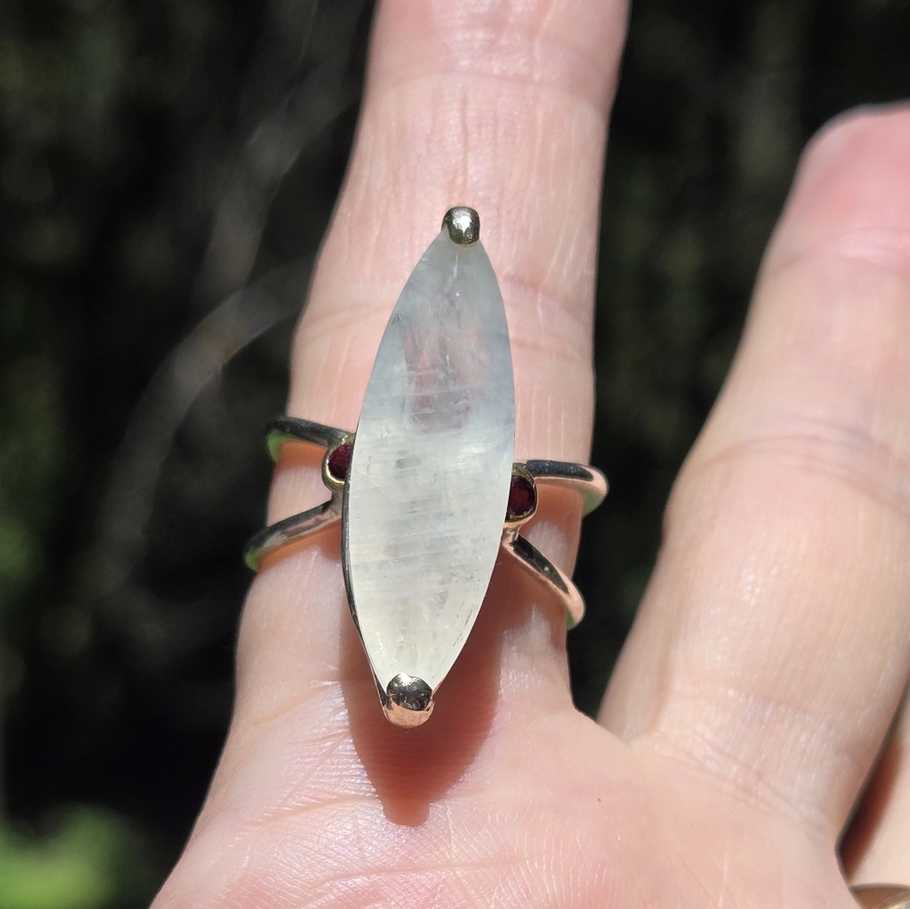 Moonstone 14k & garnet sterling ring sz9 - Picture 5 of 12